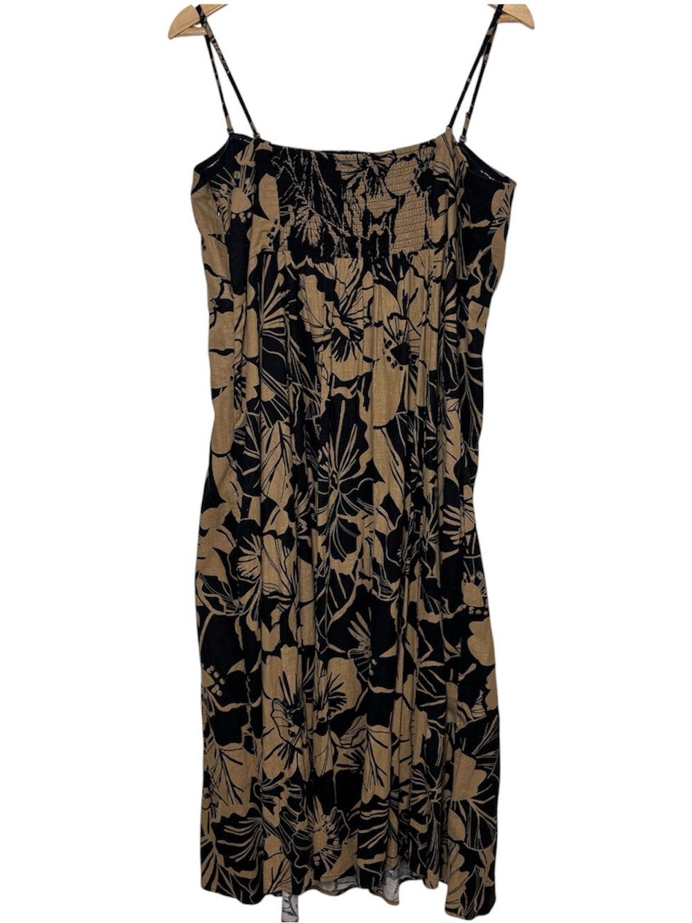 GAP Linen Blend Midi Empire Dress XL Black Brown Floral Smocked Cottagecore - Picture 2 of 9